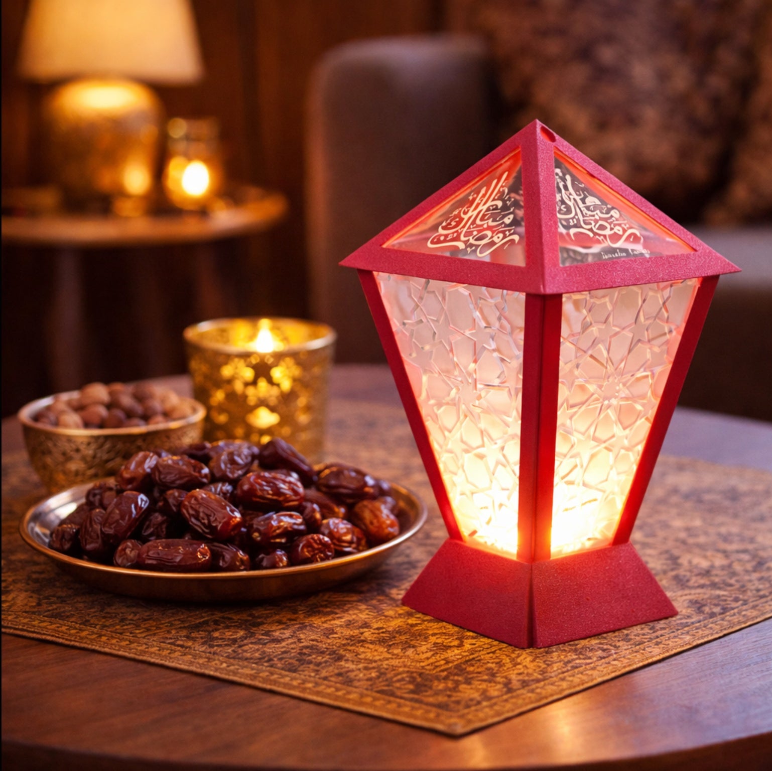 Dubai Lantern™  🇦🇪 – Contemporary Ramadan Lantern with Laser-Cut/Engraved Panels - Fully Engineered and Made In UAE. Size: Medium. Configuration: Square. 12cm * 12 cm * 21 cm.