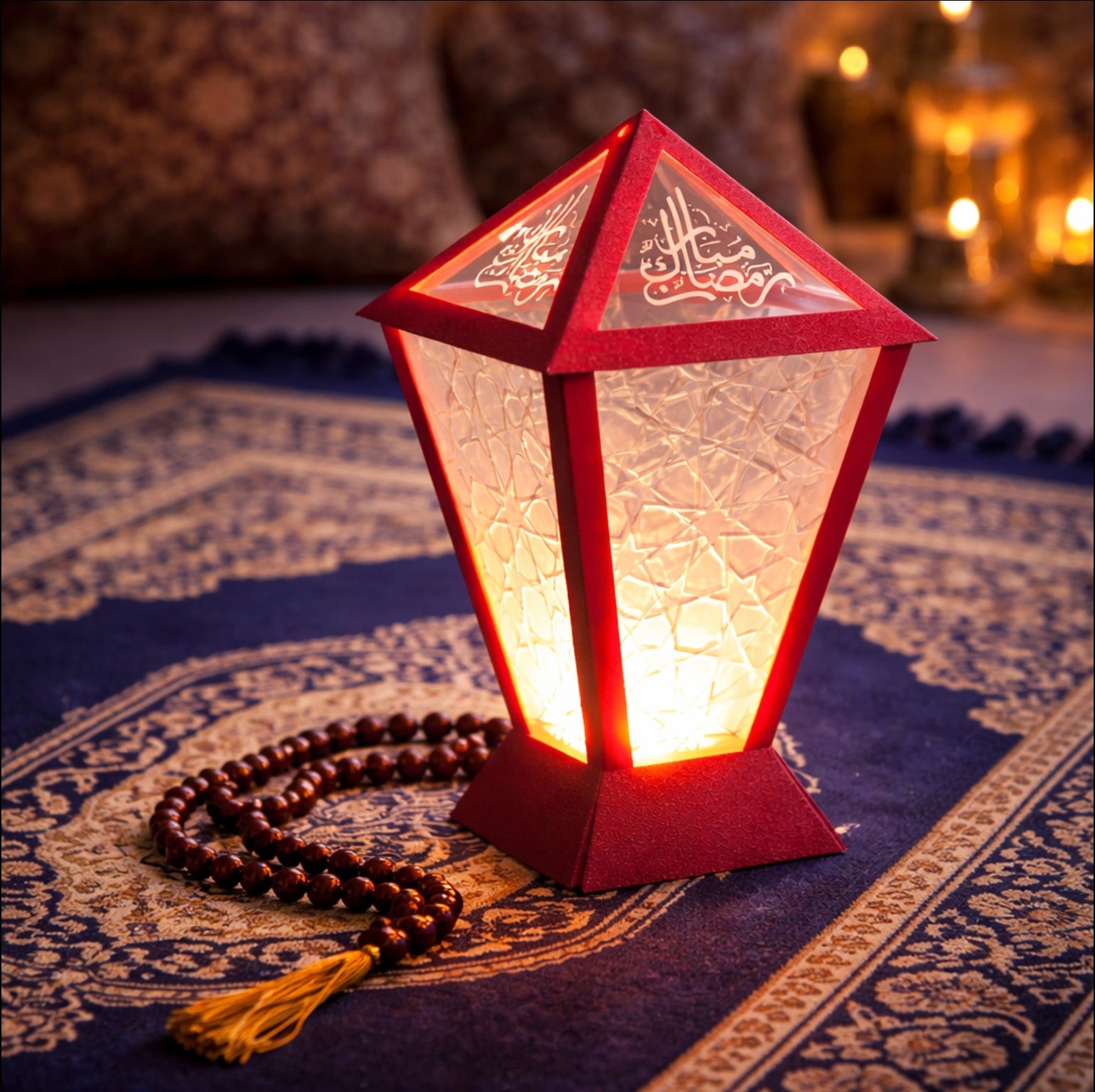 Dubai Lantern™  🇦🇪 – Contemporary Ramadan Lantern with Laser-Cut/Engraved Panels - Fully Engineered and Made In UAE. Size: Medium. Configuration: Square. 12cm * 12 cm * 21 cm.
