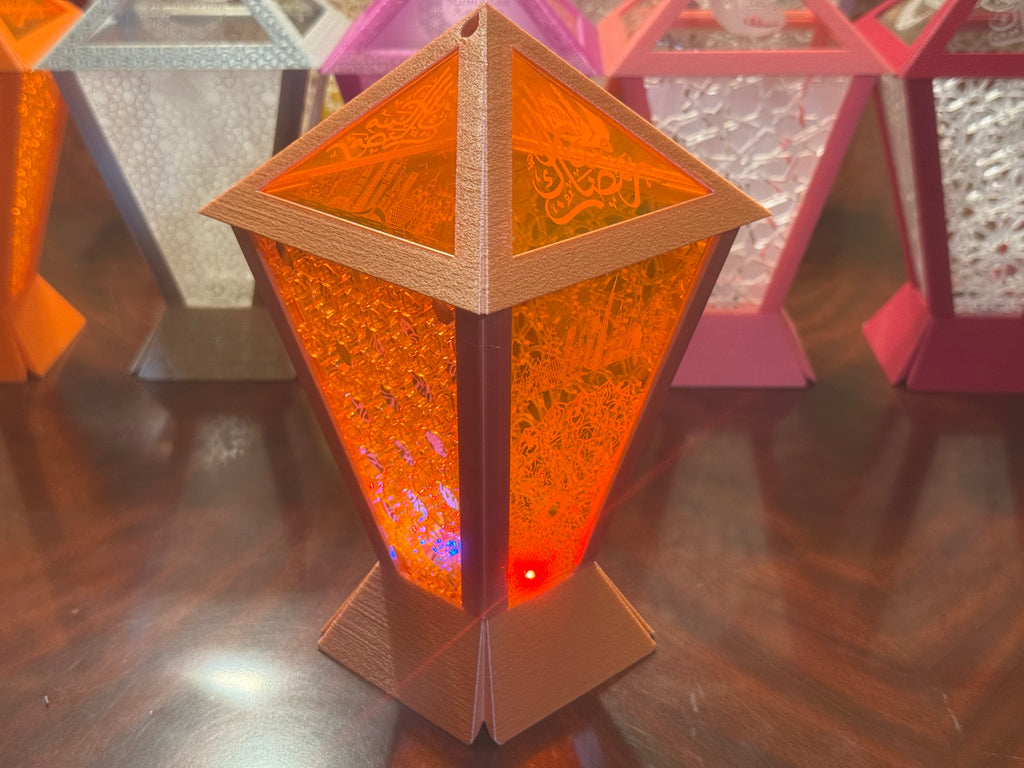 Dubai Lantern™  🇦🇪 – Contemporary Ramadan Lantern with Laser-Cut/Engraved Panels - Fully Engineered and Made In UAE. Size: Medium. Configuration: Square. 12cm * 12 cm * 21 cm.