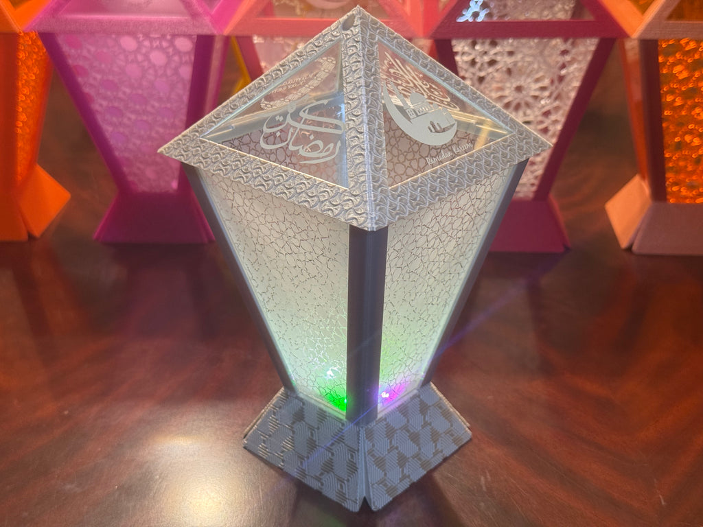 Dubai Lantern™  🇦🇪 – Contemporary Ramadan Lantern with Laser-Cut/Engraved Panels - Fully Engineered and Made In UAE. Size: Medium. Configuration: Square. 12cm * 12 cm * 21 cm.