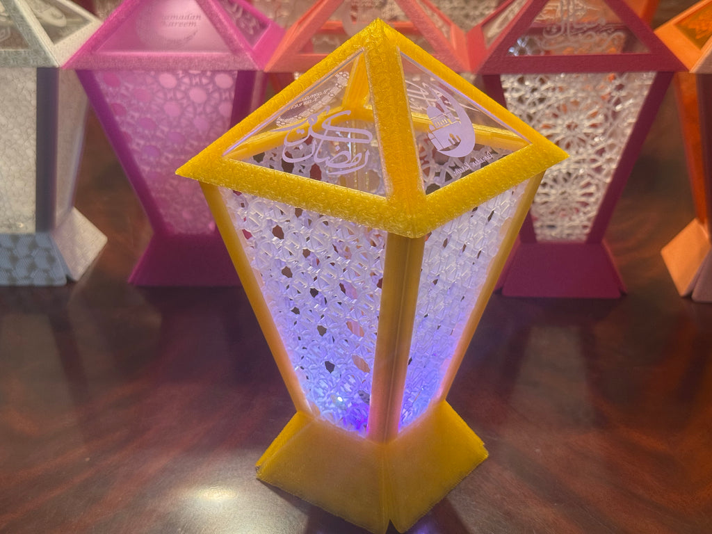 Dubai Lantern™  🇦🇪 – Contemporary Ramadan Lantern with Laser-Cut/Engraved Panels - Fully Engineered and Made In UAE. Size: Medium. Configuration: Square. 12cm * 12 cm * 21 cm.