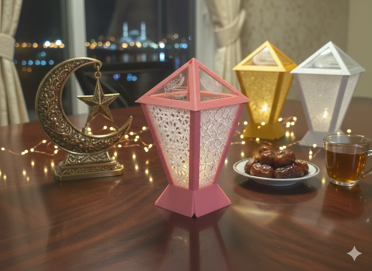 Dubai Lantern™  🇦🇪 – Contemporary Ramadan Lantern with Laser-Cut/Engraved Panels - Fully Engineered and Made In UAE. Size: Medium. Configuration: Square. 12cm * 12 cm * 21 cm.