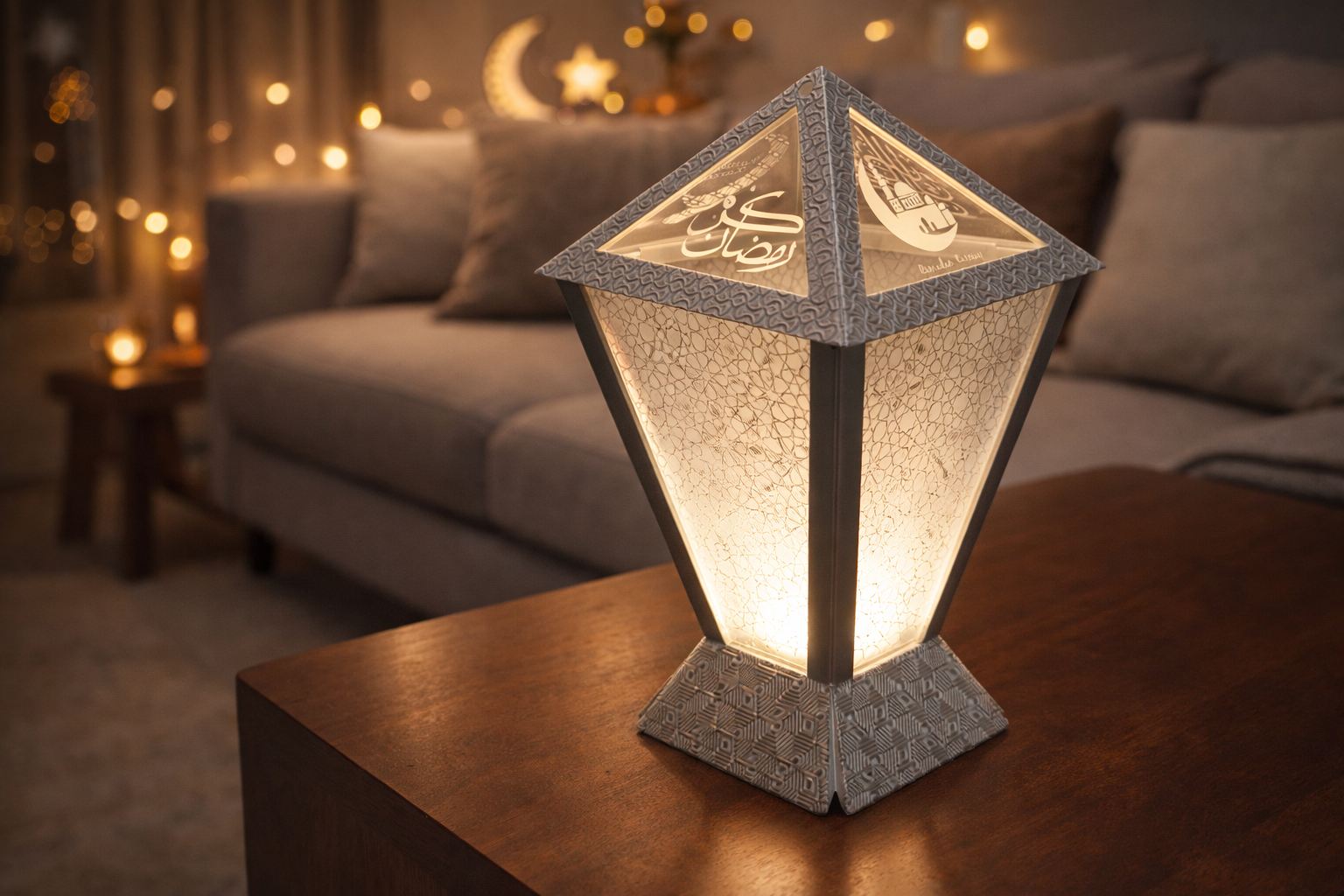 Dubai Lantern™  🇦🇪 – Contemporary Ramadan Lantern with Laser-Cut/Engraved Panels - Fully Engineered and Made In UAE. Size: Medium. Configuration: Square. 12cm * 12 cm * 21 cm.