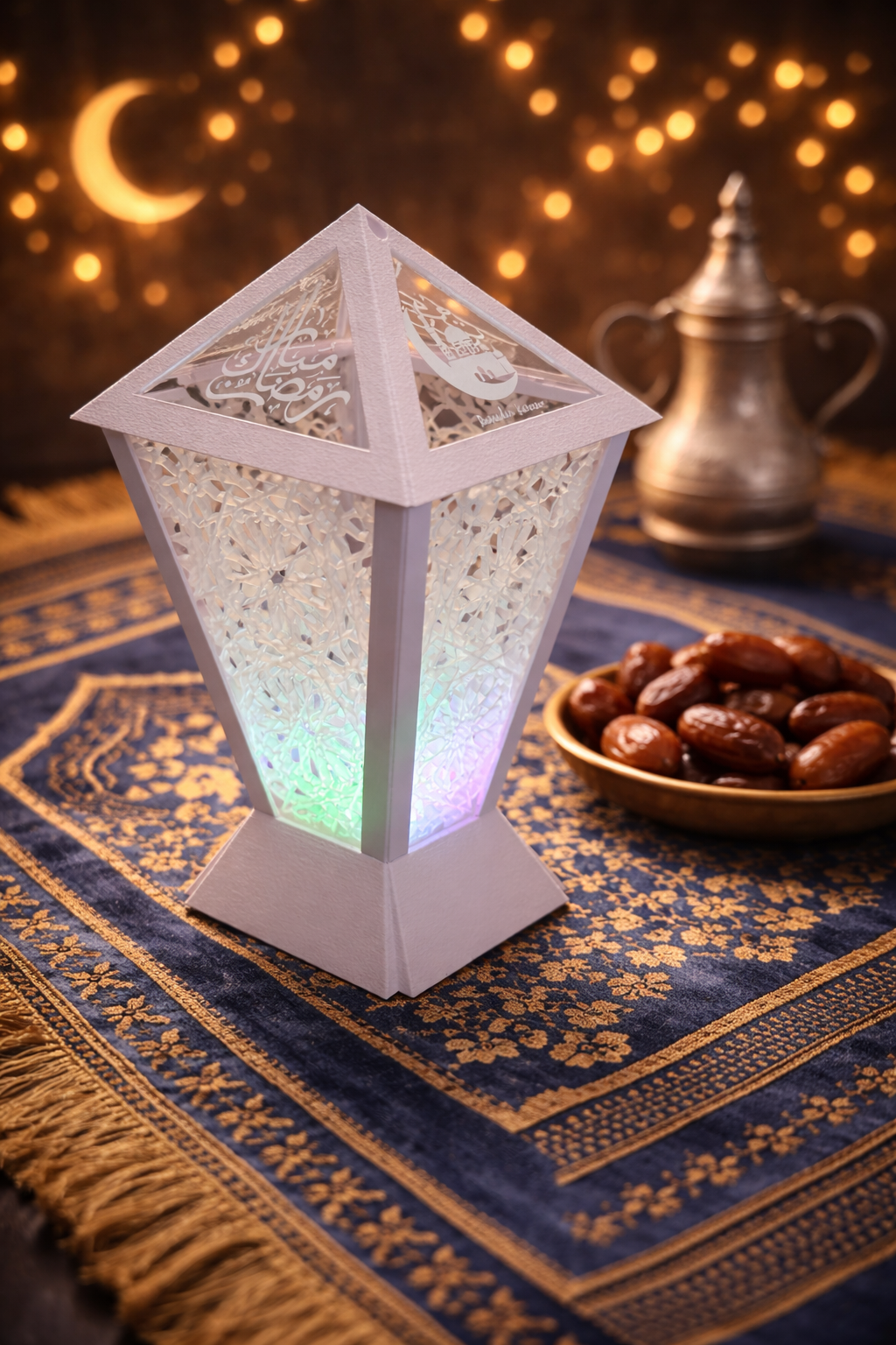 Dubai Lantern™  🇦🇪 – Contemporary Ramadan Lantern with Laser-Cut/Engraved Panels - Fully Engineered and Made In UAE. Size: Medium. Configuration: Square. 12cm * 12 cm * 21 cm.